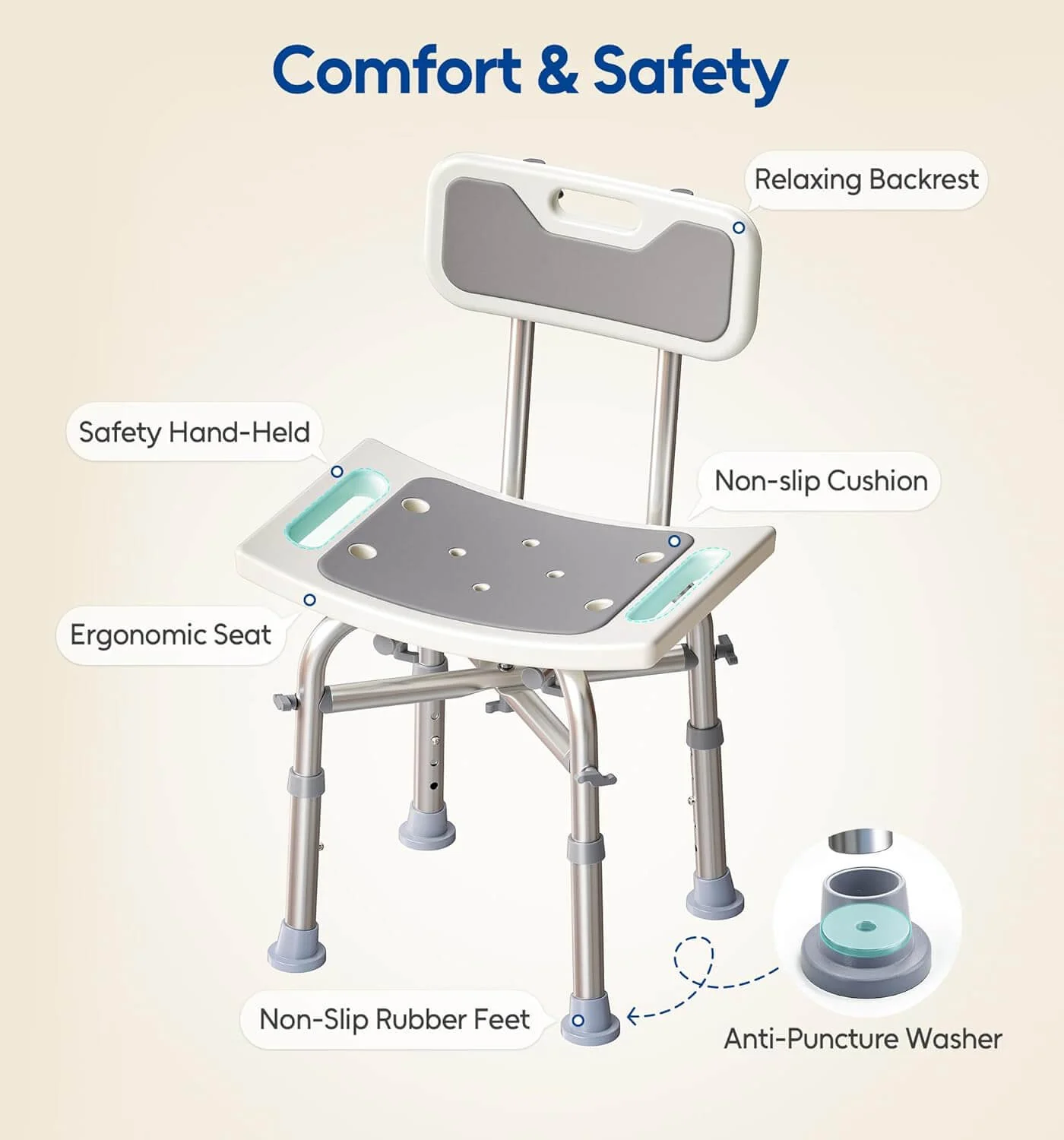 Height Adjustable Bathroom Seat with Backrest - Image 3